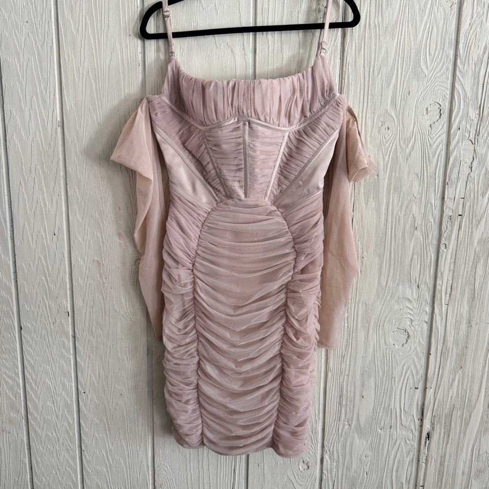 House of CB Blush Pink Long Sleeve Ruched Midi Dress - Picture 5 of 12